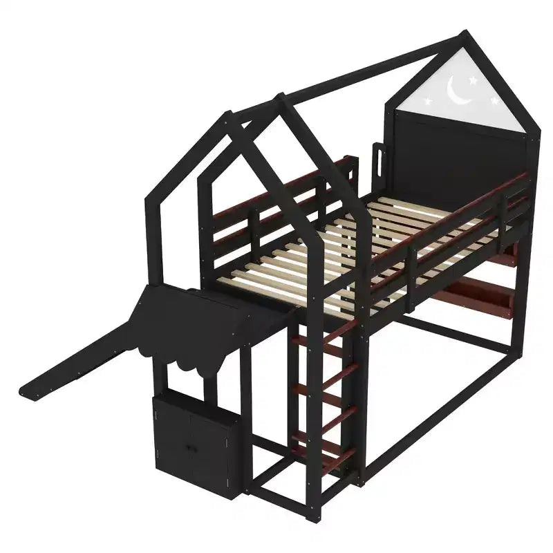 Twin/Full Size Loft Bed with Slide, Bookshelf & Safety Rails, Child-Friendly House Bunk Bed Frame, Starry Moon Design - ModernLuxe