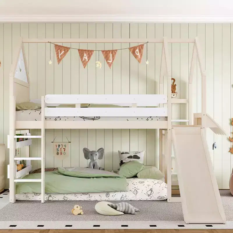 Twin/Full Size Loft Bed with Slide, Bookshelf & Safety Rails, Child-Friendly House Bunk Bed Frame, Starry Moon Design - ModernLuxe