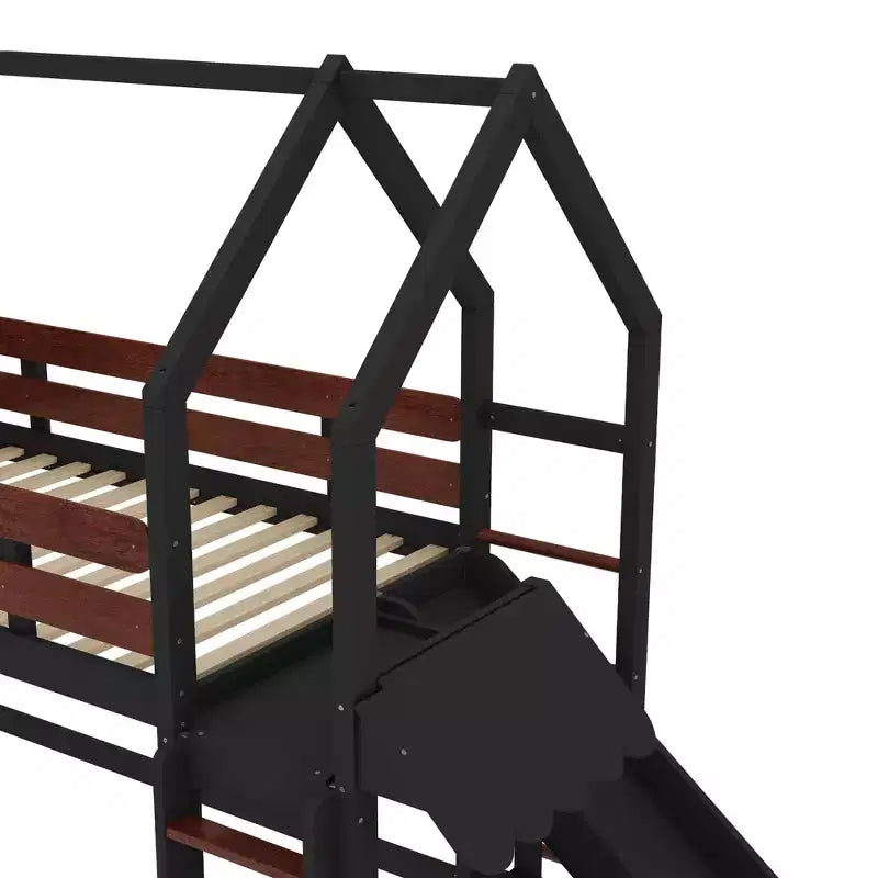 Twin/Full Size Loft Bed with Slide, Bookshelf & Safety Rails, Child-Friendly House Bunk Bed Frame, Starry Moon Design - ModernLuxe