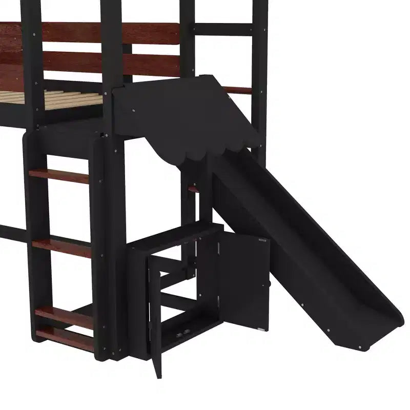 Twin/Full Size Loft Bed with Slide, Bookshelf & Safety Rails, Child-Friendly House Bunk Bed Frame, Starry Moon Design - ModernLuxe