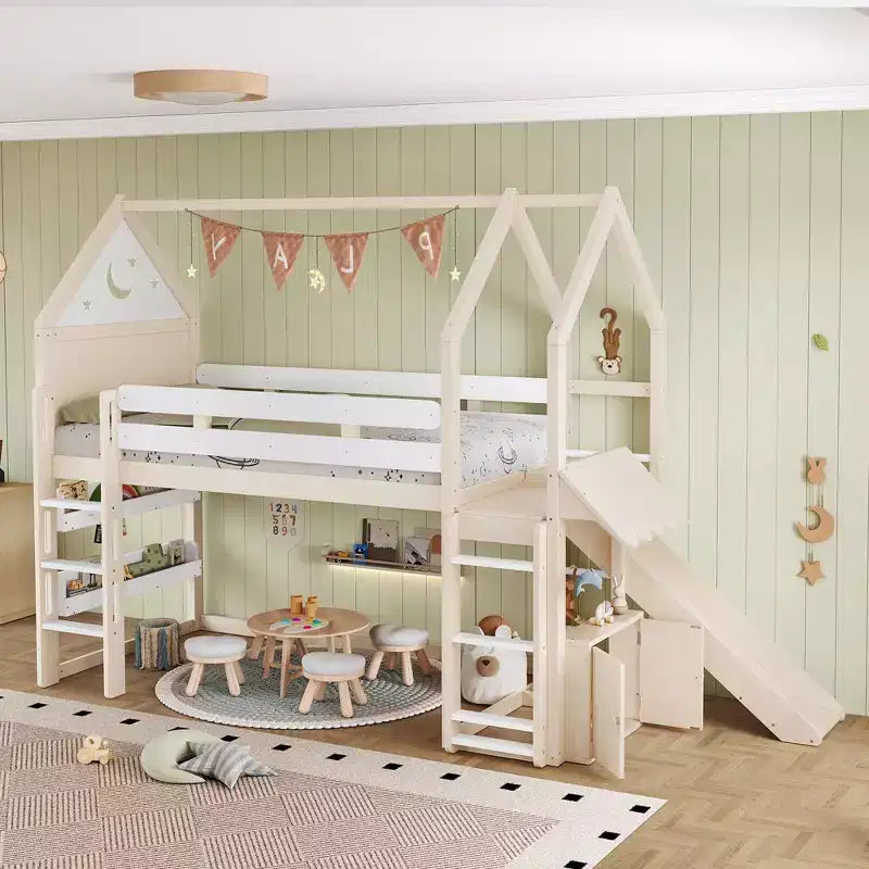 Twin/Full Size Loft Bed with Slide, Bookshelf & Safety Rails, Child-Friendly House Bunk Bed Frame, Starry Moon Design - ModernLuxe