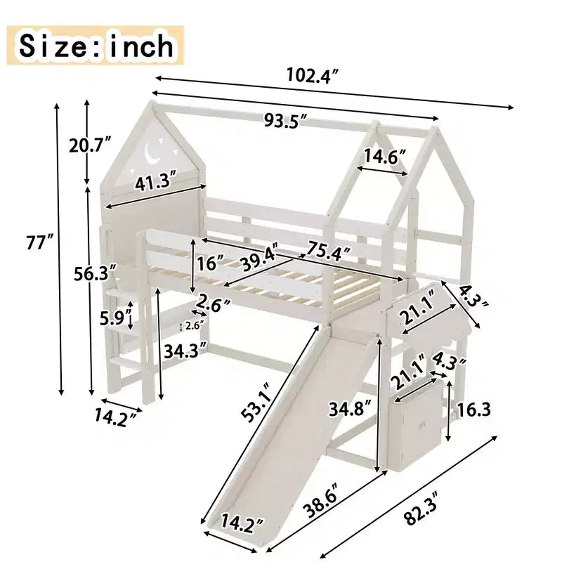Twin/Full Size Loft Bed with Slide, Bookshelf & Safety Rails, Child-Friendly House Bunk Bed Frame, Starry Moon Design - ModernLuxe
