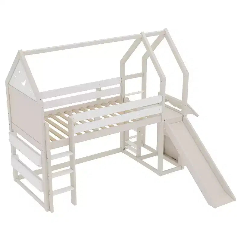 Twin/Full Size Loft Bed with Slide, Bookshelf & Safety Rails, Child-Friendly House Bunk Bed Frame, Starry Moon Design - ModernLuxe