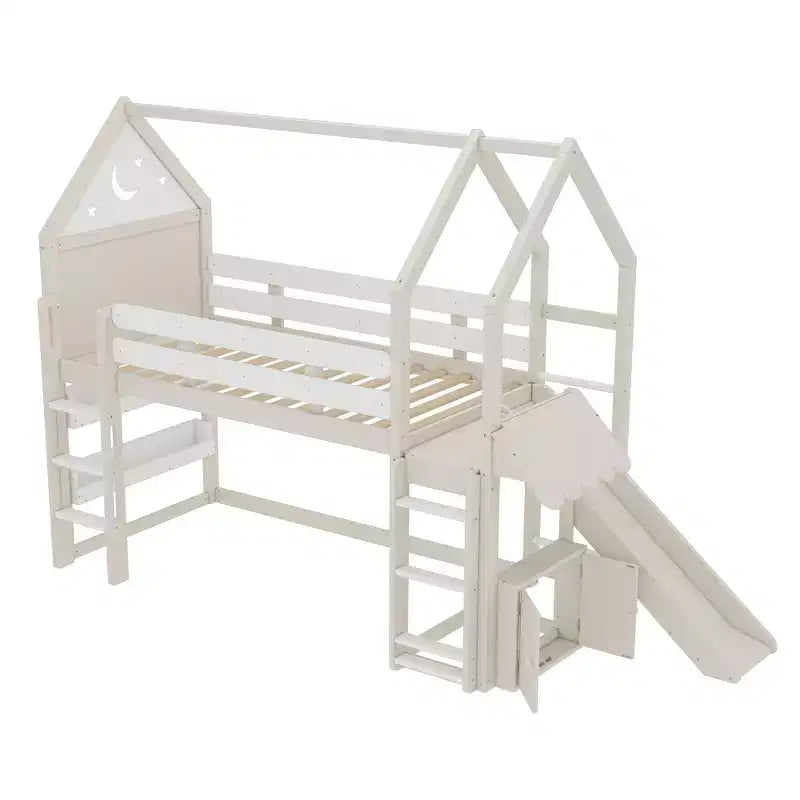 Twin/Full Size Loft Bed with Slide, Bookshelf & Safety Rails, Child-Friendly House Bunk Bed Frame, Starry Moon Design - ModernLuxe