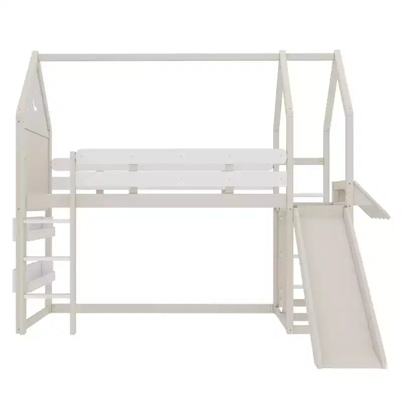 Twin/Full Size Loft Bed with Slide, Bookshelf & Safety Rails, Child-Friendly House Bunk Bed Frame, Starry Moon Design - ModernLuxe
