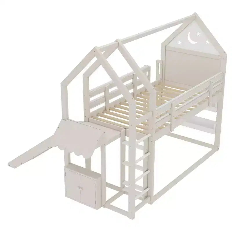 Twin/Full Size Loft Bed with Slide, Bookshelf & Safety Rails, Child-Friendly House Bunk Bed Frame, Starry Moon Design - ModernLuxe