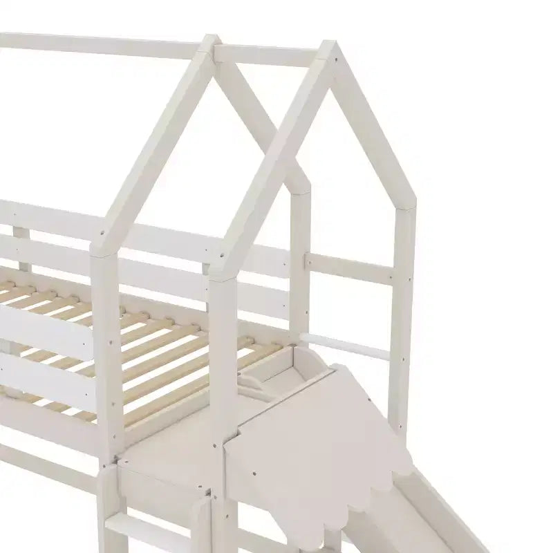 Twin/Full Size Loft Bed with Slide, Bookshelf & Safety Rails, Child-Friendly House Bunk Bed Frame, Starry Moon Design - ModernLuxe