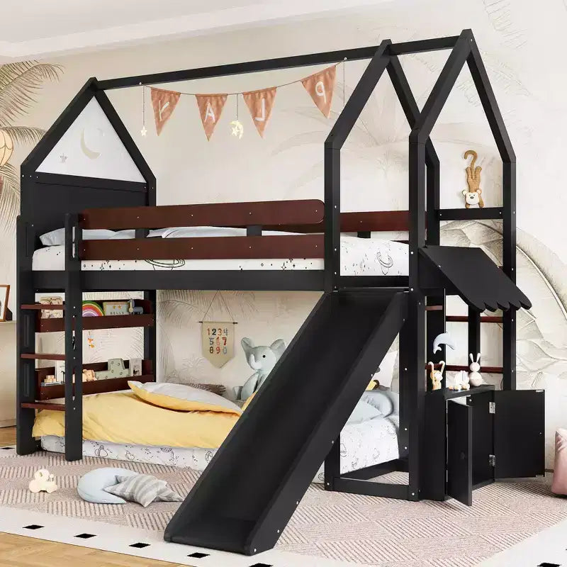 Twin/Full Size Loft Bed with Slide, Bookshelf & Safety Rails, Child-Friendly House Bunk Bed Frame, Starry Moon Design - ModernLuxe