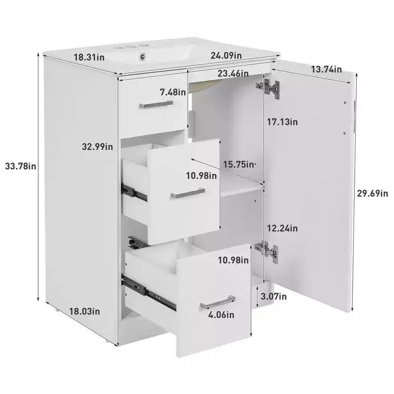 24 Small Bathroom Vanity Sink Combo with Storage, Wood Bathroom Cabinet with Drawers and Soft Closing Doors