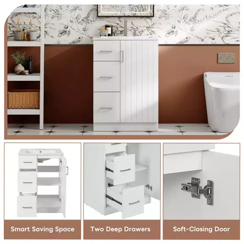 24 Small Bathroom Vanity Sink Combo with Storage, Wood Bathroom Cabinet with Drawers and Soft Closing Doors