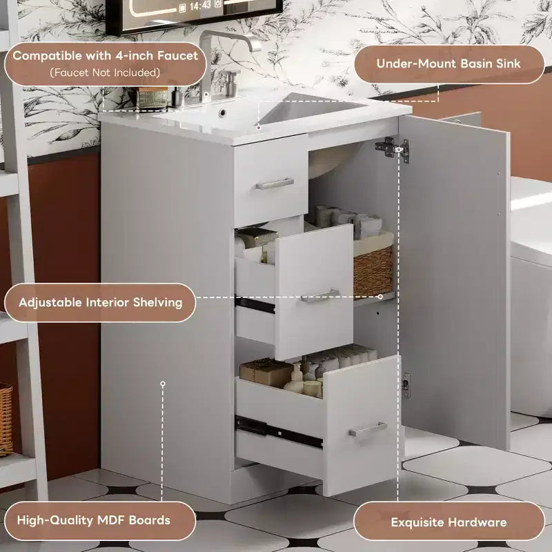 24 Small Bathroom Vanity Sink Combo with Storage, Wood Bathroom Cabinet with Drawers and Soft Closing Doors
