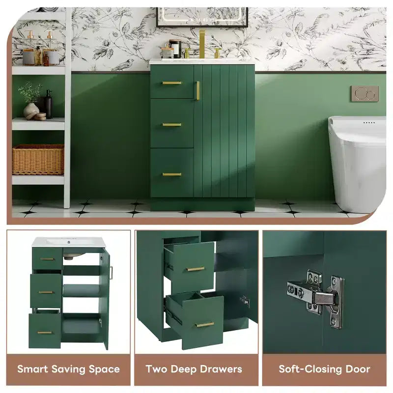 24 Small Bathroom Vanity Sink Combo with Storage, Wood Bathroom Cabinet with Drawers and Soft Closing Doors