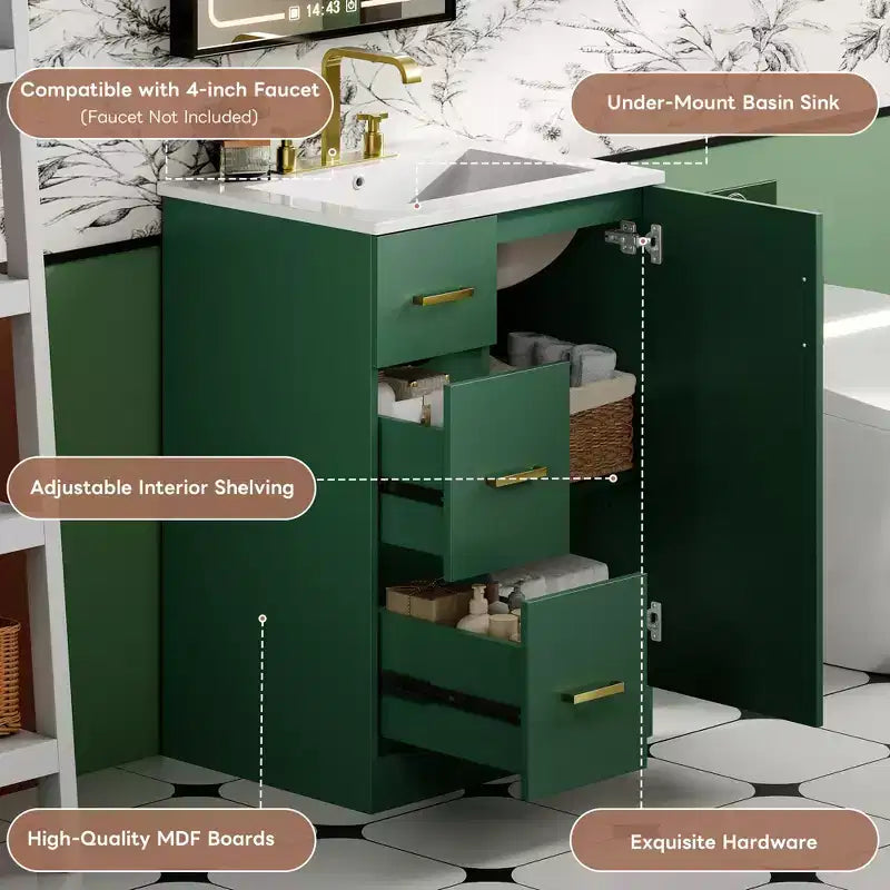 24 Small Bathroom Vanity Sink Combo with Storage, Wood Bathroom Cabinet with Drawers and Soft Closing Doors