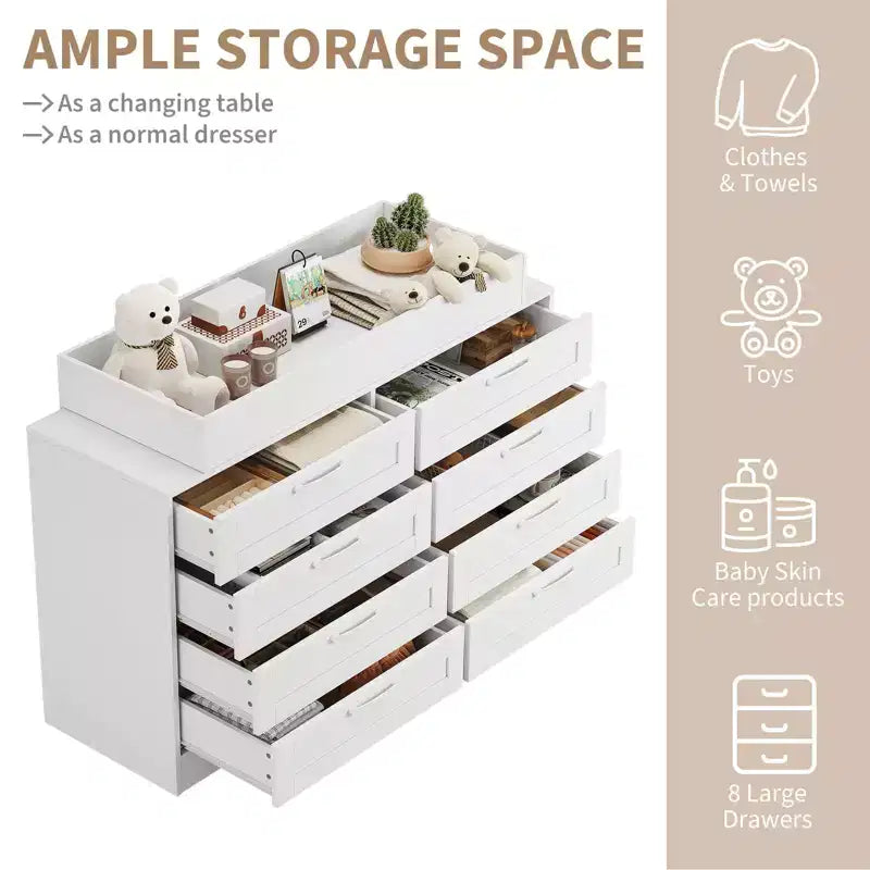 8-Drawer Changing Table Dresser - Classic Nursery Dresser with Changing Shelves, Multi-Functional Diaper Station for Nursery & Bedroom