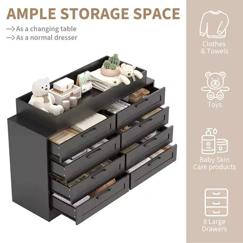 8-Drawer Changing Table Dresser - Classic Nursery Dresser with Changing Shelves, Multi-Functional Diaper Station for Nursery & Bedroom