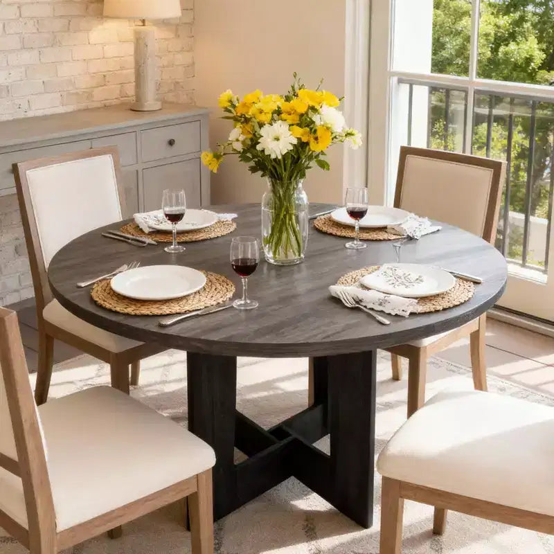 Round Dining Table for 4, 43.3'' Wood Kitchen Table for Dining Room, Farmhouse Circle Dinner Tables with Pedestal Base for Living Room, Small Spaces