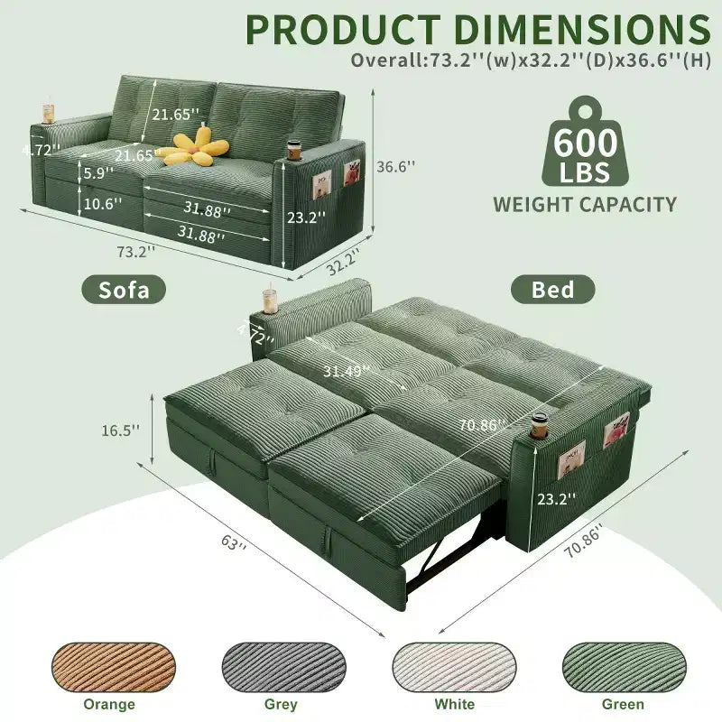 73 Convertible Sleeper Sofa Bed with Corduroy Polyester, Reclining Loveseat Sofa Bed for Living Room, Guest Room, or Apartment-Panipeachy