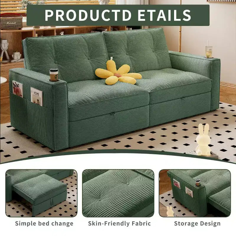 73 Convertible Sleeper Sofa Bed with Corduroy Polyester, Reclining Loveseat Sofa Bed for Living Room, Guest Room, or Apartment-Panipeachy