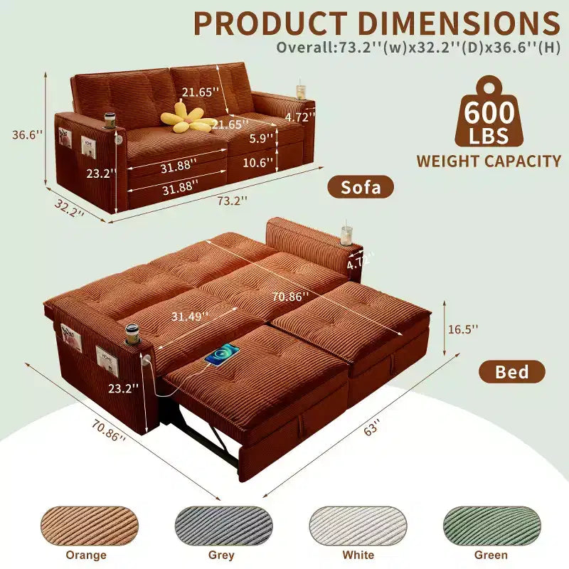 73 Convertible Sleeper Sofa Bed with Corduroy Polyester, Reclining Loveseat Sofa Bed for Living Room, Guest Room, or Apartment-Panipeachy