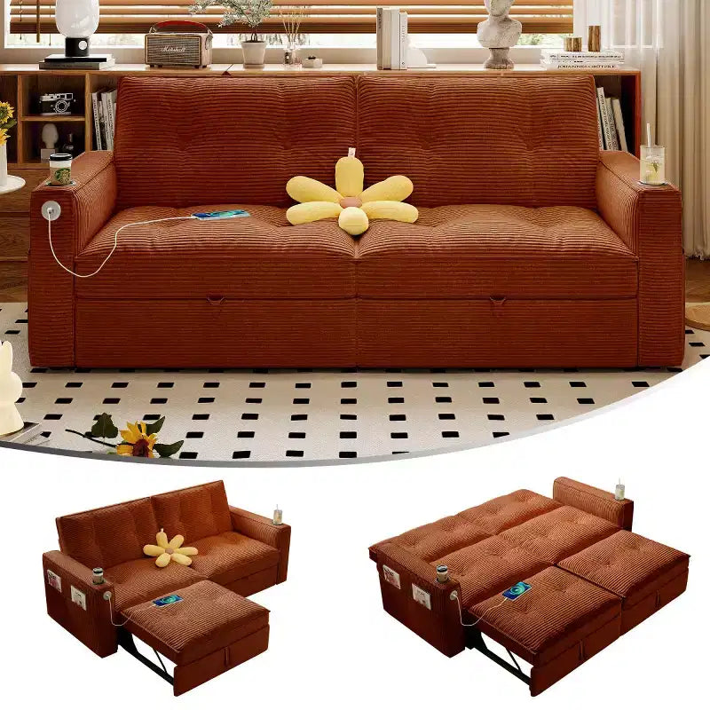 73 Convertible Sleeper Sofa Bed with Corduroy Polyester, Reclining Loveseat Sofa Bed for Living Room, Guest Room, or Apartment-Panipeachy