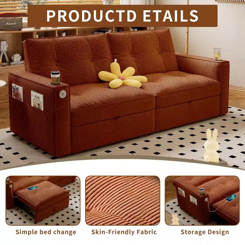 73 Convertible Sleeper Sofa Bed with Corduroy Polyester, Reclining Loveseat Sofa Bed for Living Room, Guest Room, or Apartment-Panipeachy