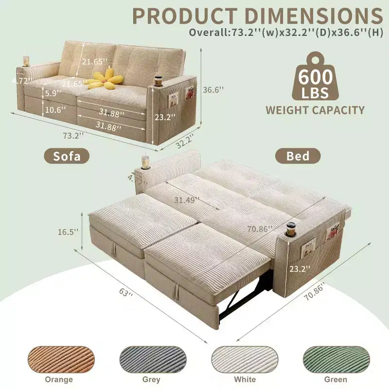 73 Convertible Sleeper Sofa Bed with Corduroy Polyester, Reclining Loveseat Sofa Bed for Living Room, Guest Room, or Apartment-Panipeachy
