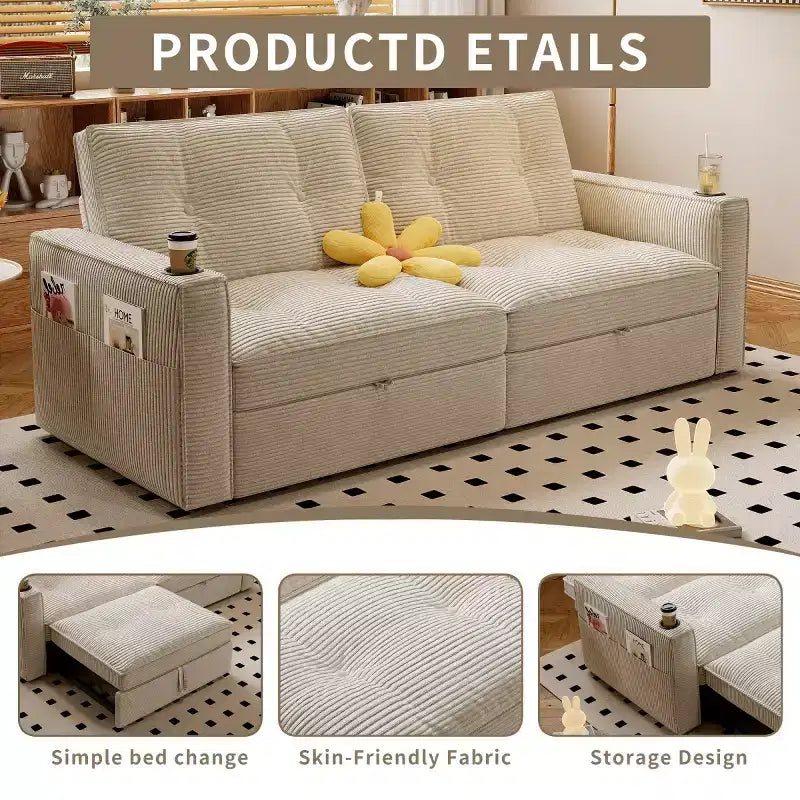 73 Convertible Sleeper Sofa Bed with Corduroy Polyester, Reclining Loveseat Sofa Bed for Living Room, Guest Room, or Apartment-Panipeachy