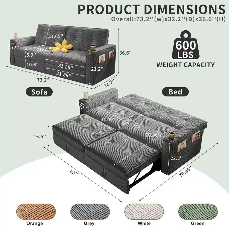 73 Convertible Sleeper Sofa Bed with Corduroy Polyester, Reclining Loveseat Sofa Bed for Living Room, Guest Room, or Apartment-Panipeachy