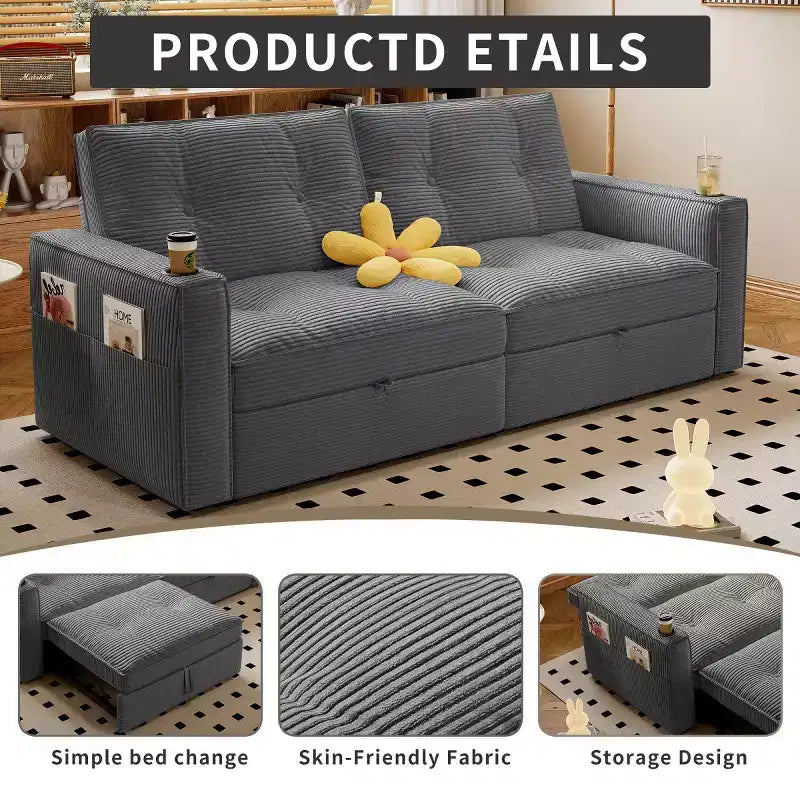 73 Convertible Sleeper Sofa Bed with Corduroy Polyester, Reclining Loveseat Sofa Bed for Living Room, Guest Room, or Apartment-Panipeachy