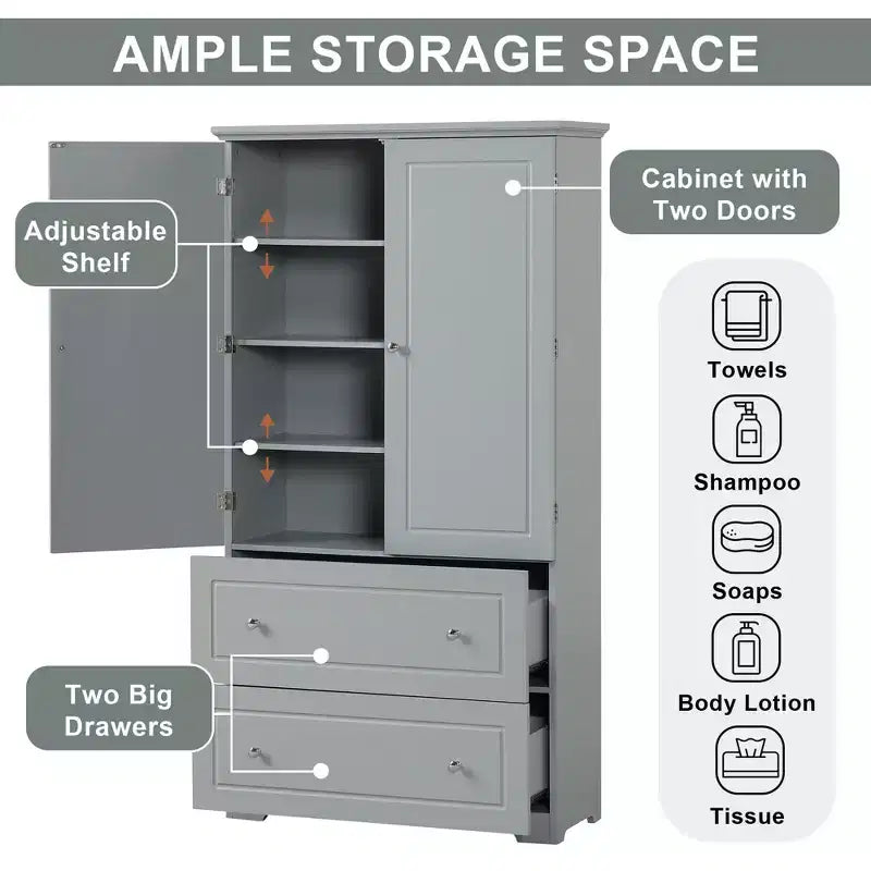 CASAINC Wide Bathroom Storage Cabinet, Freestanding Unit with Two Drawers and Adjustable Shelf