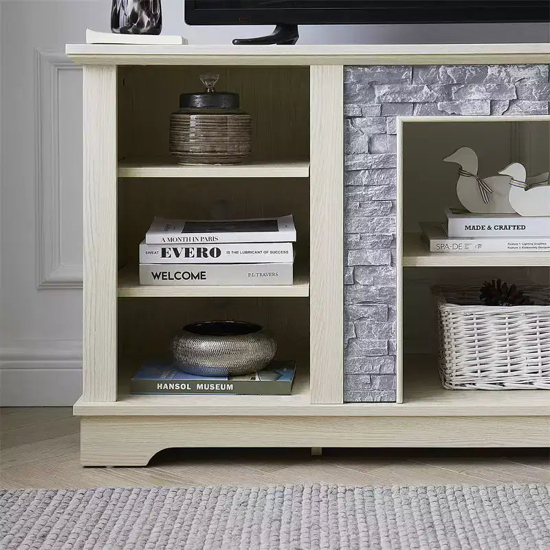 Farmhouse TV Stand For TVs Up To, Wooden Entertainment Center TV Console Cabinet With Open Shelves, Faux Stacked Stone Surround Design
