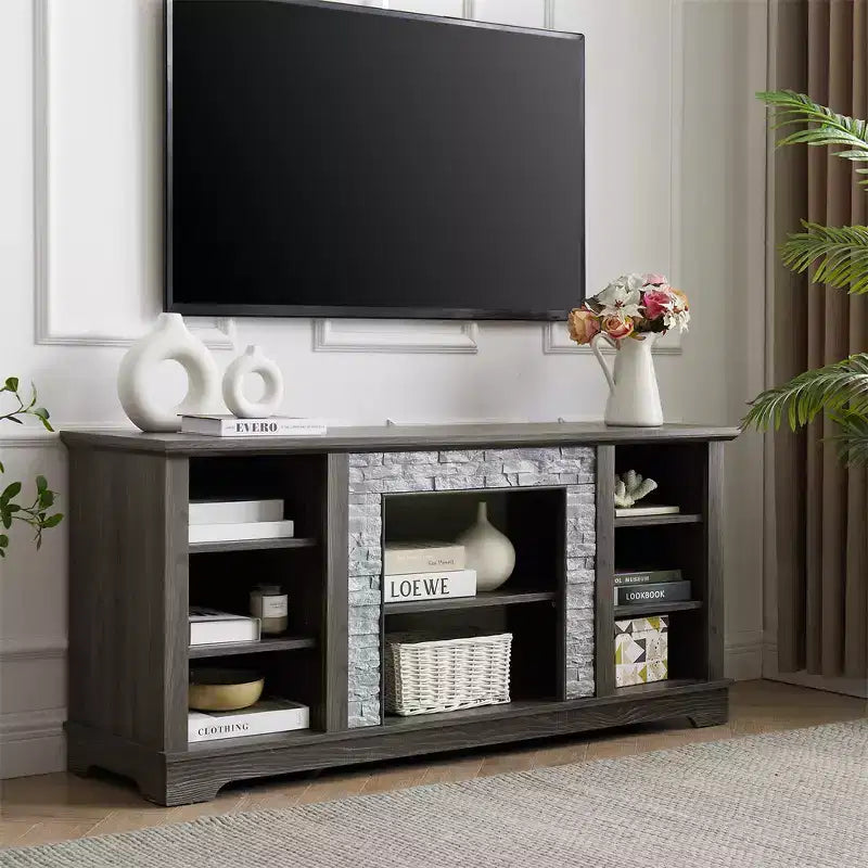 Farmhouse TV Stand For TVs Up To, Wooden Entertainment Center TV Console Cabinet With Open Shelves, Faux Stacked Stone Surround Design