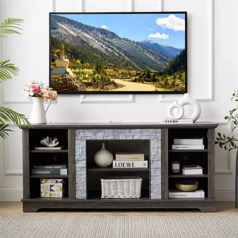 Farmhouse TV Stand For TVs Up To, Wooden Entertainment Center TV Console Cabinet With Open Shelves, Faux Stacked Stone Surround Design