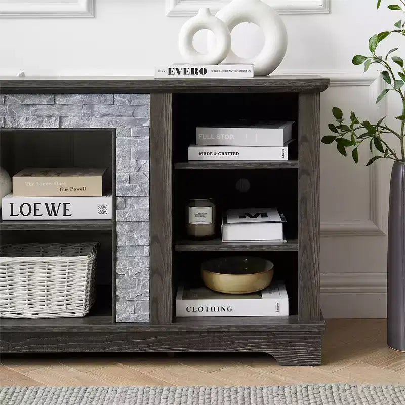 Farmhouse TV Stand For TVs Up To, Wooden Entertainment Center TV Console Cabinet With Open Shelves, Faux Stacked Stone Surround Design