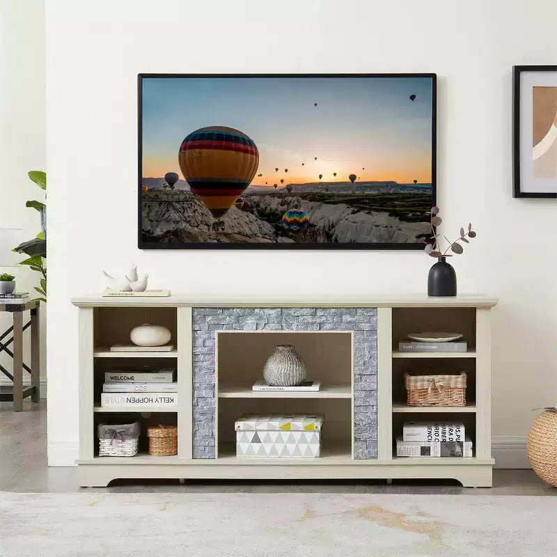 Farmhouse TV Stand For TVs Up To, Wooden Entertainment Center TV Console Cabinet With Open Shelves, Faux Stacked Stone Surround Design