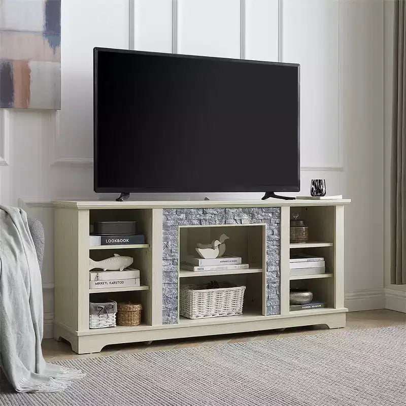 Farmhouse TV Stand For TVs Up To, Wooden Entertainment Center TV Console Cabinet With Open Shelves, Faux Stacked Stone Surround Design