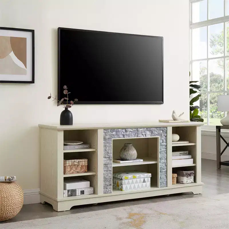 Farmhouse TV Stand For TVs Up To, Wooden Entertainment Center TV Console Cabinet With Open Shelves, Faux Stacked Stone Surround Design