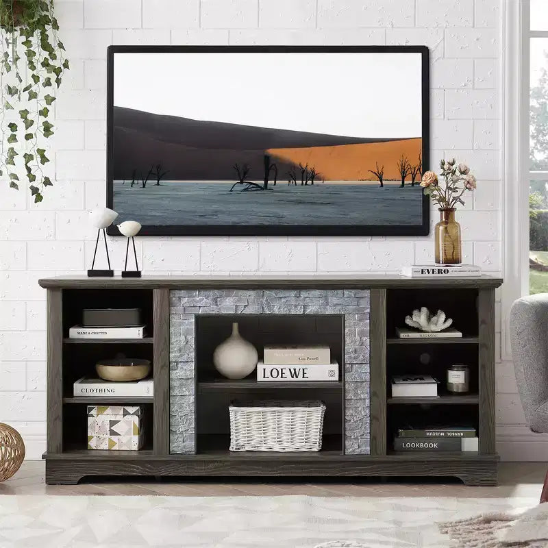 Farmhouse TV Stand For TVs Up To, Wooden Entertainment Center TV Console Cabinet With Open Shelves, Faux Stacked Stone Surround Design