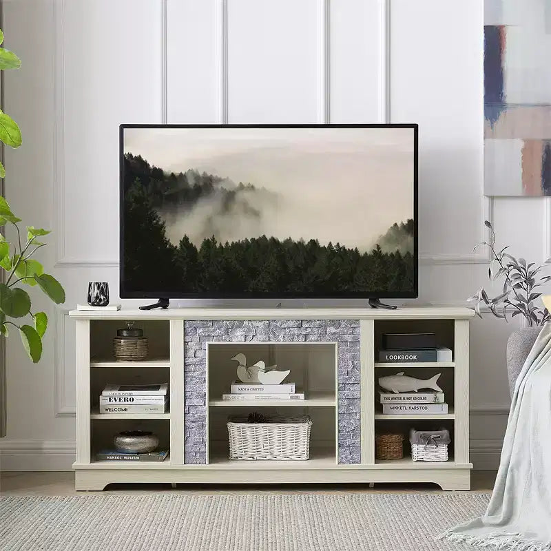 Farmhouse TV Stand For TVs Up To, Wooden Entertainment Center TV Console Cabinet With Open Shelves, Faux Stacked Stone Surround Design