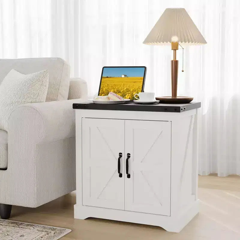 24 Farmhouse End Table with Charging Station & Sliding Barn Door | Rustic Sofa Side Table with Adjustable Shelf | for Living Room, Bedroom in Antique