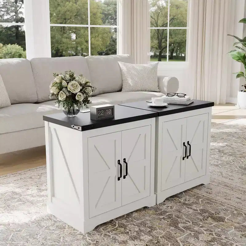 24 Farmhouse End Table with Charging Station & Sliding Barn Door | Rustic Sofa Side Table with Adjustable Shelf | for Living Room, Bedroom in Antique