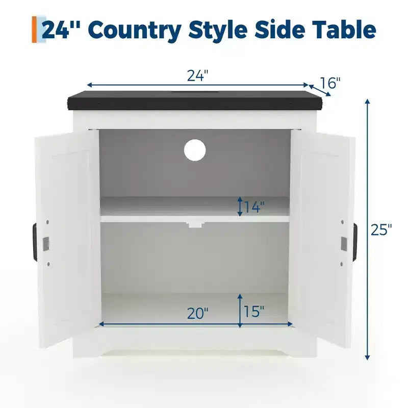 24 Farmhouse End Table with Charging Station & Sliding Barn Door | Rustic Sofa Side Table with Adjustable Shelf | for Living Room, Bedroom in Antique