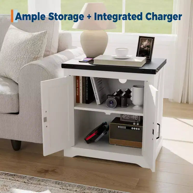 24 Farmhouse End Table with Charging Station & Sliding Barn Door | Rustic Sofa Side Table with Adjustable Shelf | for Living Room, Bedroom in Antique