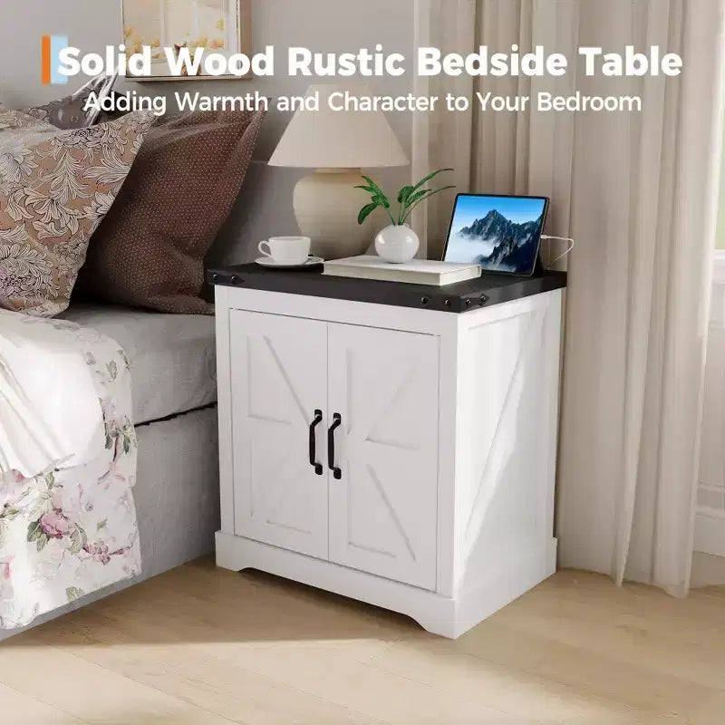 24 Farmhouse End Table with Charging Station & Sliding Barn Door | Rustic Sofa Side Table with Adjustable Shelf | for Living Room, Bedroom in Antique