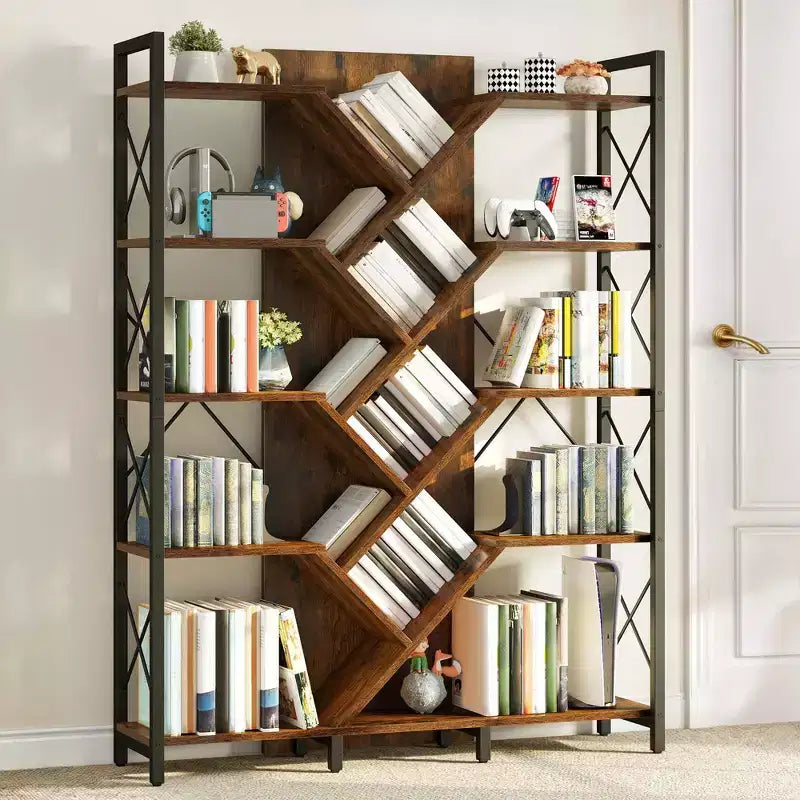 70.8in Tall Bookshelf And Bookcase Industrial 5 Tier Large Bookshelves Standing Tree Book Shelves Organizer Wide Display Rack
