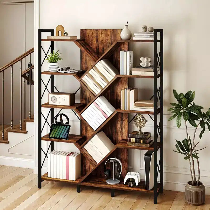 70.8in Tall Bookshelf And Bookcase Industrial 5 Tier Large Bookshelves Standing Tree Book Shelves Organizer Wide Display Rack