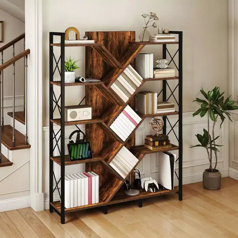 70.8in Tall Bookshelf And Bookcase Industrial 5 Tier Large Bookshelves Standing Tree Book Shelves Organizer Wide Display Rack