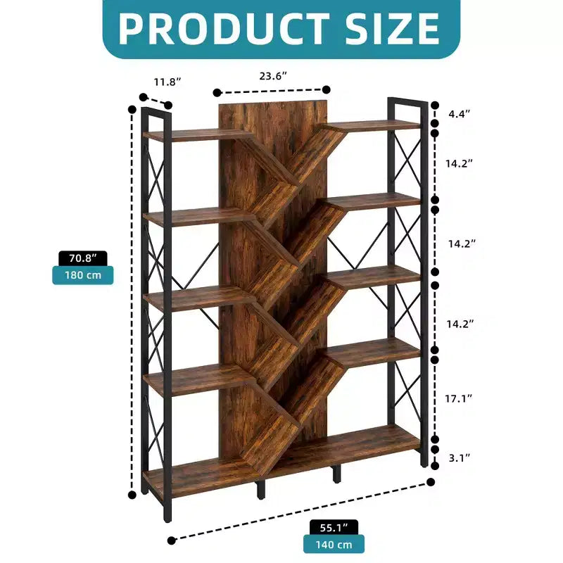 70.8in Tall Bookshelf And Bookcase Industrial 5 Tier Large Bookshelves Standing Tree Book Shelves Organizer Wide Display Rack