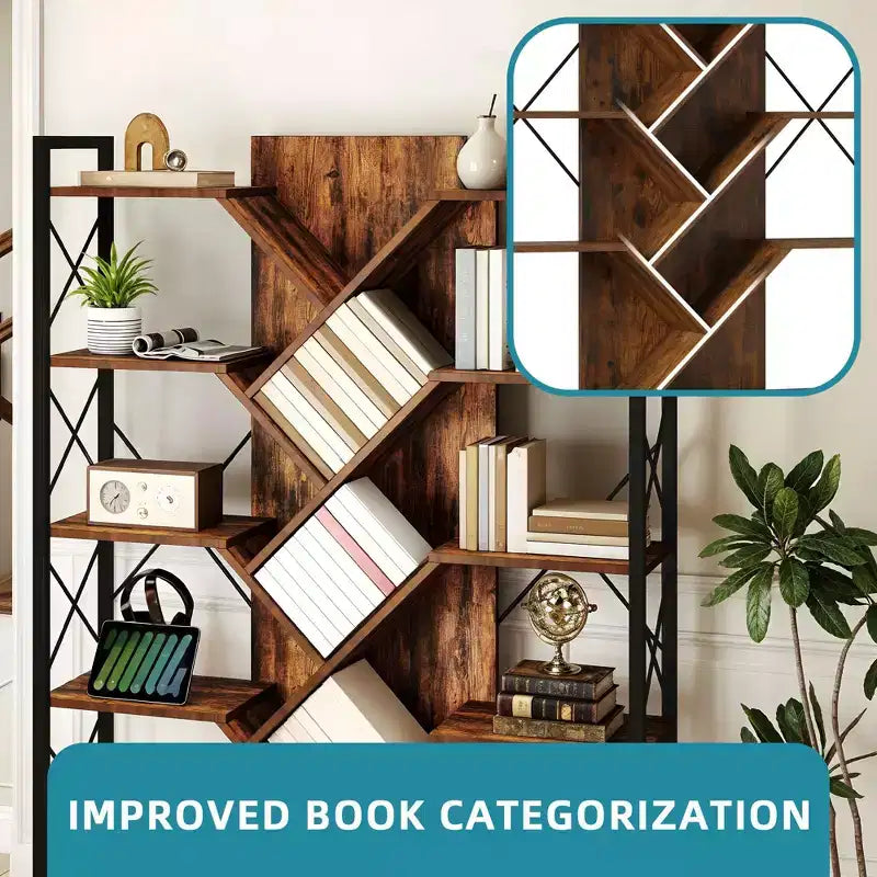 70.8in Tall Bookshelf And Bookcase Industrial 5 Tier Large Bookshelves Standing Tree Book Shelves Organizer Wide Display Rack