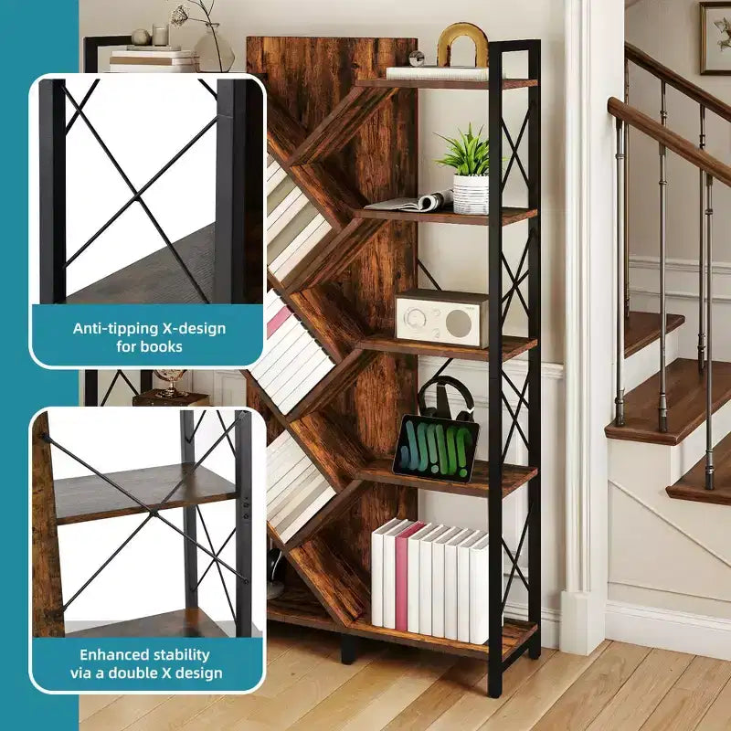 70.8in Tall Bookshelf And Bookcase Industrial 5 Tier Large Bookshelves Standing Tree Book Shelves Organizer Wide Display Rack